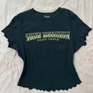 True Religion black baby tee with gold sequin embroidery and ruffle sleeves.